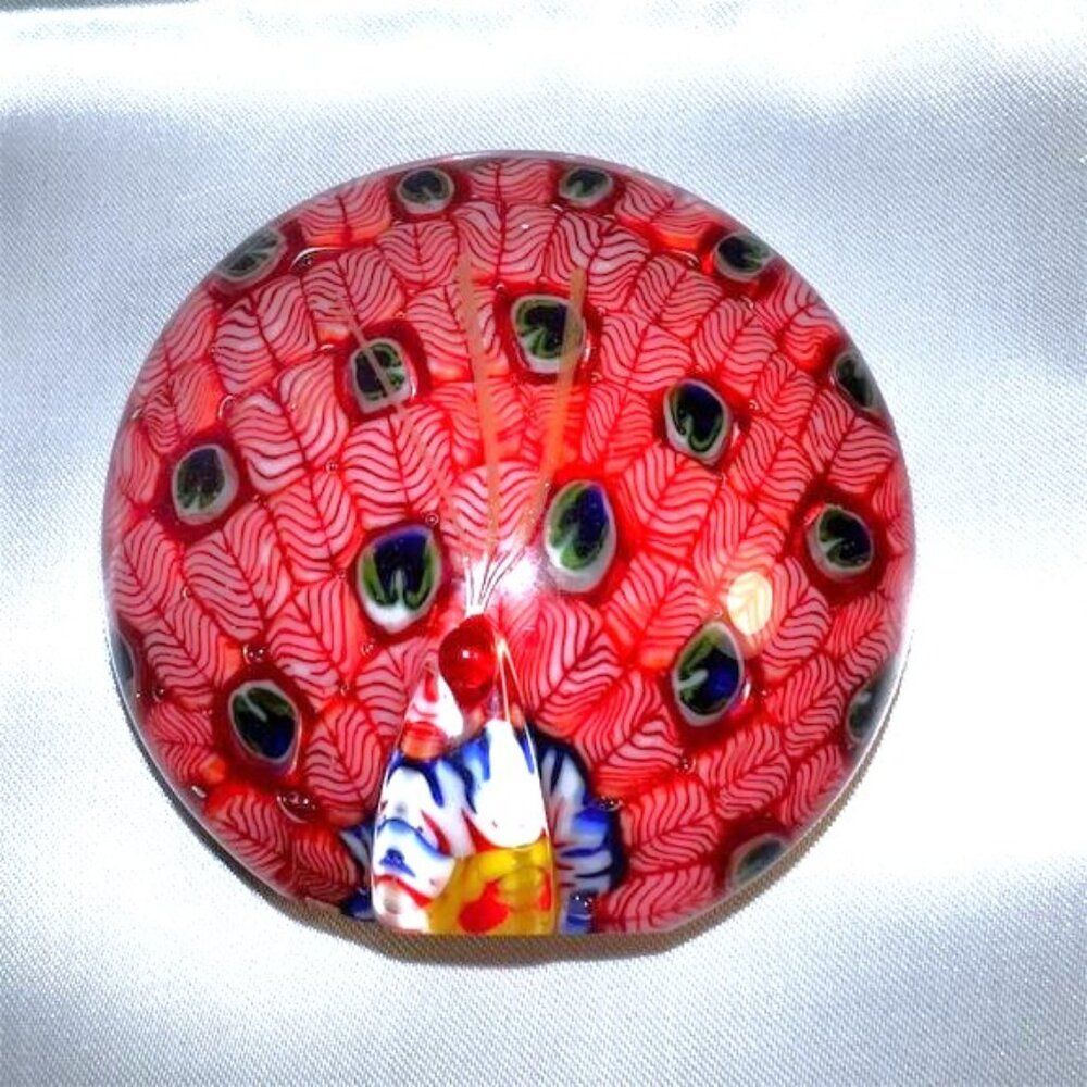 Vintage Millefiori Peacock Art Glass Paperweight Multicolored